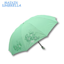 OEM ODM Steel Frame Big Size 28 Inch Custom Logo 3 Fold Hand Sun Protection Green Umbrella With Silver Coating for Women